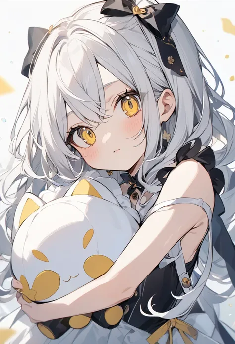 girl　cute　Holding a doll　White Hair　Yellow Eyes　