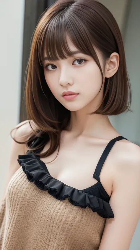 Ultra-high resolution, Superior Quality, Highest quality, Very detailed, Realistic, 8k, RAW Photos, Highest quality, masterpiece, Attractive girl, Awesome girl, Brown Hair, Shoulder-length layers, Asymmetrical bangs, K-POPアイドル, Sophisticated, stylish, Whit...