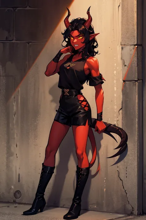 1 girl, tiflin, Redskin, yellow eyes, black sclera, pointy ears, red horns, short shoulder length wavy black hair, Sharp teeth, black sleeveless shirt, black shorts, black off shoulder sleeves, dishonest clothing, demon tail, black boots, dagger in hand, l...