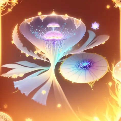 There is a picture of a plate，There is a flower on it, Has a blooming and ethereal effect, Rotating glowing marine plants, Magic spell icon, jellyfish elements, Capability Image, ethereal essence, Fantasy game spell symbols, Victorian Era，jellyfish element...