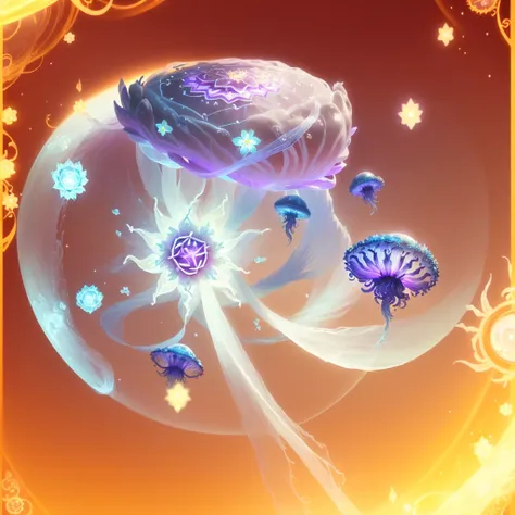 There is a picture of a plate，There is a flower on it, Has a blooming and ethereal effect, Rotating glowing marine plants, Magic spell icon, jellyfish elements, Capability Image, ethereal essence, Fantasy game spell symbols, Victorian Era，jellyfish element...