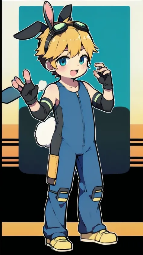 ((A young boy))，(Youthful feeling)，One-piece suit，Goggles，Fingerless gloves，Cotton socks，Short sleeve，stand up，happy，Rabbit ears