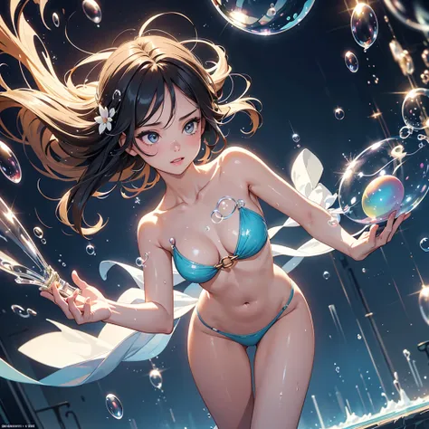 NSFW, sexy, erotic, (soap bubble art:1.4), This striking realistic animated digital illustration depicts a young girl enjoying a holiday soap bubble holiday and intricately manipulating soap bubbles in a dramatic and fantastical oblique angle scene. She he...