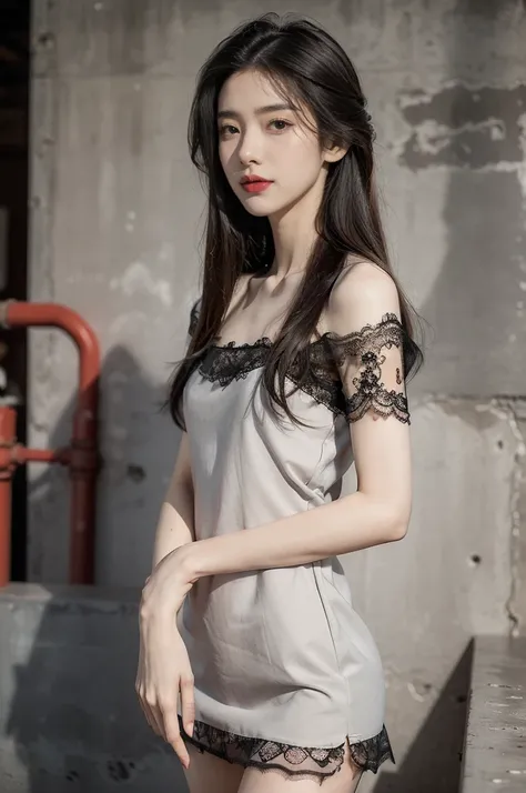 (((best quality))),(((ultra detailed))),(((masterpiece))),illustration,((1 beautiful girl,solo)),((slim,thin)),((small breasts,flat chest)),(shoulder length straight hair:1.2),summer afternoon,((unfinished concrete room,alluring,gray walls)),(short sleeves...