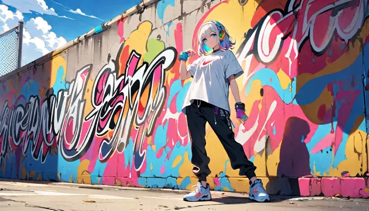 HD 8K Handsome sexy-cute, Solitary, 1 female, Medium Length Hair, white hair, Rainbow hair, blue Eyes, Rainbow headphone, Hip hop Dance, White Big t-shirt, White hairband sneakers logo to NIKE, Human focus, outdoor, blue sky, White clouds, graffiti spray a...