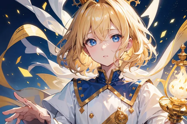 (Highest quality)　(4K)　(8k)　(High resolution)　(masterpiece:1.2)　(Super detailed)　One boy　short hair　Wizard　Blue Eyes　Long sleeve　Golden decoration　Hair between the eyes　White Dress　Wavy golden hair　Upper Body　(large crown)　(White Background)　front　Face clo...