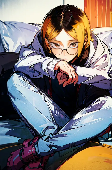 (hutaodef:1.2),black h在 with h在 ,white 背，
kenma kozume，lazy，dark circles，cozy sweater，wide leg pants，one person，lying position