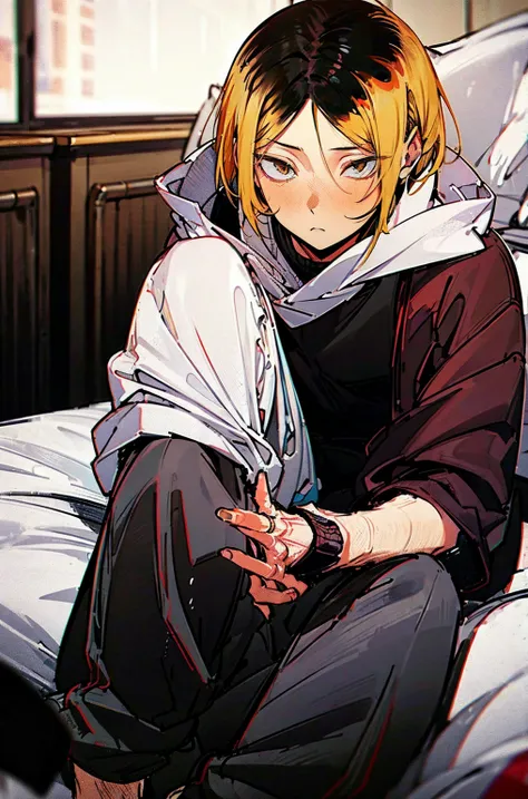 
(hutaodef:1.2),black h在 with h在 ,white 背，
Kenma Kozume，Lazy，Dark circles，Cozy sweater，Wide leg pants，one person，Lying in bed