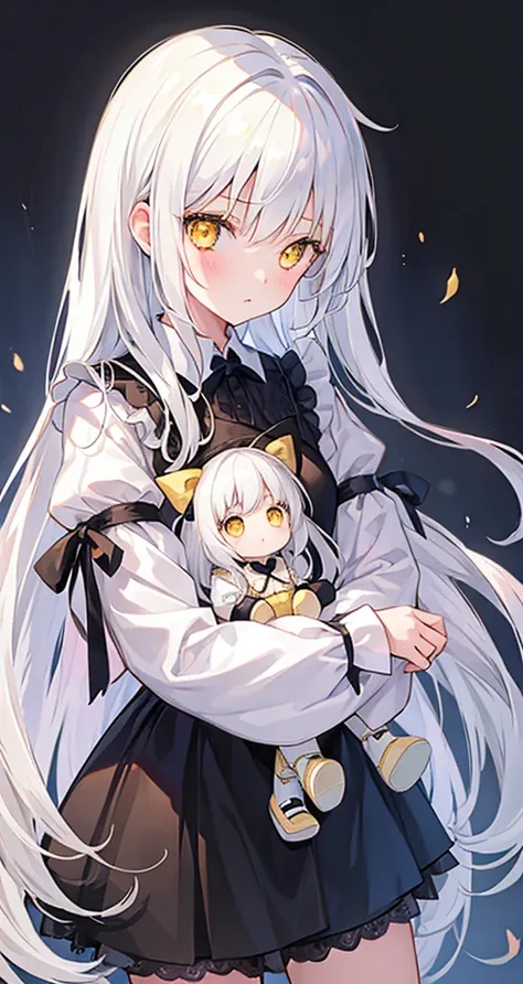 girl　cute　Holding a doll　White Hair　Yellow Eyes　