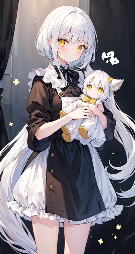 girl　cute　Holding a doll　White Hair　Yellow Eyes　