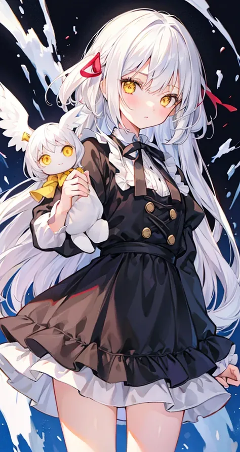 girl　cute　Holding a doll　White Hair　Yellow Eyes　