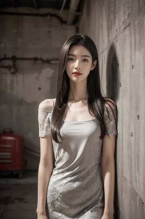 (((best quality))),(((ultra detailed))),(((masterpiece))),illustration,((1 beautiful girl,solo)),((slim,thin)),((small breasts,flat chest)),(shoulder length straight hair:1.2),summer afternoon,((unfinished concrete room,alluring,gray walls)),(short sleeves...