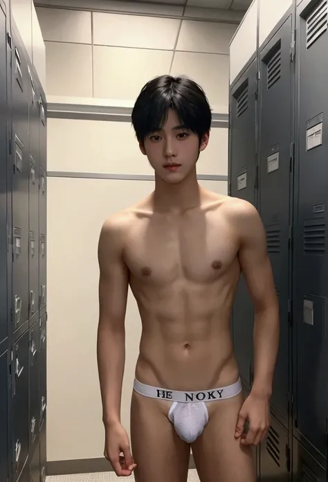 One boy、Beautiful Boy、18-year-old、Japanese Boy、Beautiful Boy、Black Hair、locker room、White briefs、Completely naked、