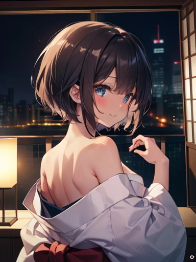 ((Highest quality, High resolution,  Pixel perfect,  4K)),  (Beautiful Anime Girls), Written boundary depth、
View your viewers, 


short hair, Baby Face、Detailed eyes、Round face、He is short、
 
Black Hair、(Brown Skin:1.3)、

White kimono, 
From behind, 
Off ...