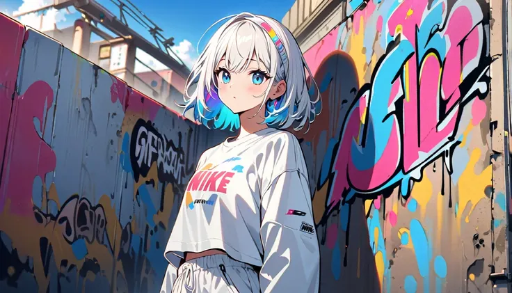 HD 8K Handsome sexy-cute, Solitary, 1 female, Medium Length Hair, white hair, Rainbow hair, blue Eyes, Rainbow headphone, White Big t-shirt, White cargo pants, White hairband sneakers logo to NIKE, Human focus, outdoor, blue sky, White clouds, graffiti spr...