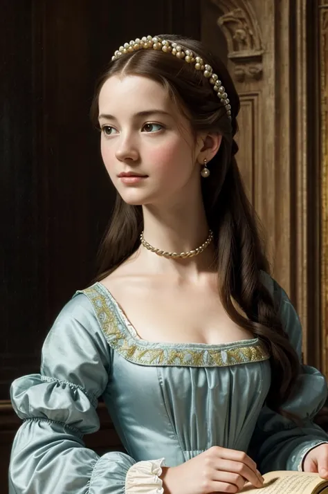 Prompt: "Young Anne Boleyn as a , with a backdrop of a quaint English countryside, transitioning to a more sophisticated French court scene. Include elements of education, like books and musical instruments."
Size: 1792x1024