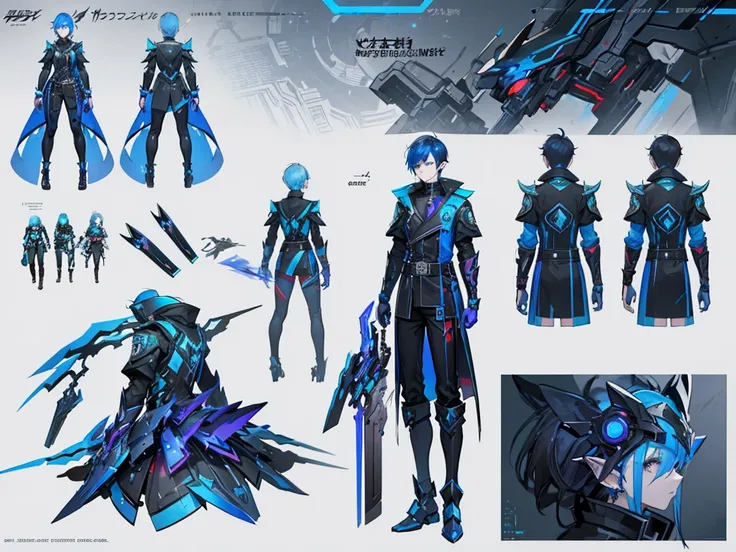 Close-up of a male elf in a cyberpunk suit, biracial, short hair with chaved sides, ((character concept art)), ((character design sheet, same character, front, side, back)) maple story character art, video game character design, video game character design...