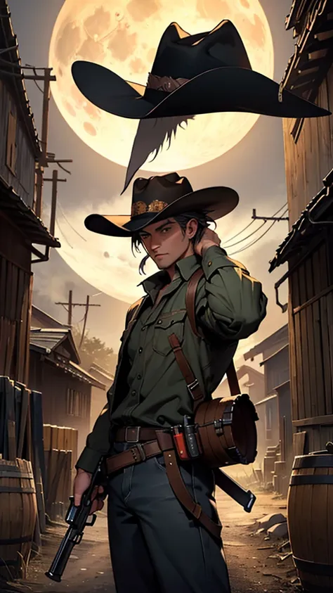 A hunter wearing a cowboy hat, face covered in shadow , the full moon in the background ,shotgun in hand aiming the weapon forward and smoke coming out of the barrel