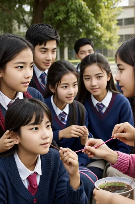 A narrow-eyed young man was in a group of friends.,secondary school,Look at the face,A girl who is knitting flowers among her friends