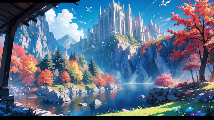 clear blue sky and underneath a large valley mountain with flower colorful color blue red green purple yellow and fantasy world medieval mega-building, rocks, tree branches, fallen leaves, birds, The scene is depicted in a highly saturated and vibrant styl...