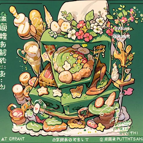 cute artstyle, matcha cake, milky, matcha green bread, bakery shop, theme, bread & cookies, green bread, paper bag filled with lots of bread , food menu list