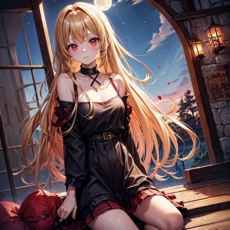 Red gold blonde、Red eyes、One cute girl、solo、And soul、Light clothing、Checked mini skirt、petal、Wet hair、Sit on、black t-shirts、large tree、cloud、full moon、monster castle、lanthanum、Hell&#39;s Gate、Craft Gatekeeper