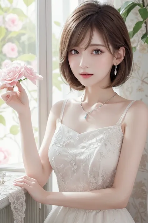 White blouse、(((Very elegant and beautiful、Perfect detail、Very detailed)))、whole body、The most detailed girl、Written boundary depth、美しく詳細なwhole body、Thin legs、One girl、30 years old、Very short hair、Spiked Hair、Gray and silver hair、Beautifully detailed hair、...