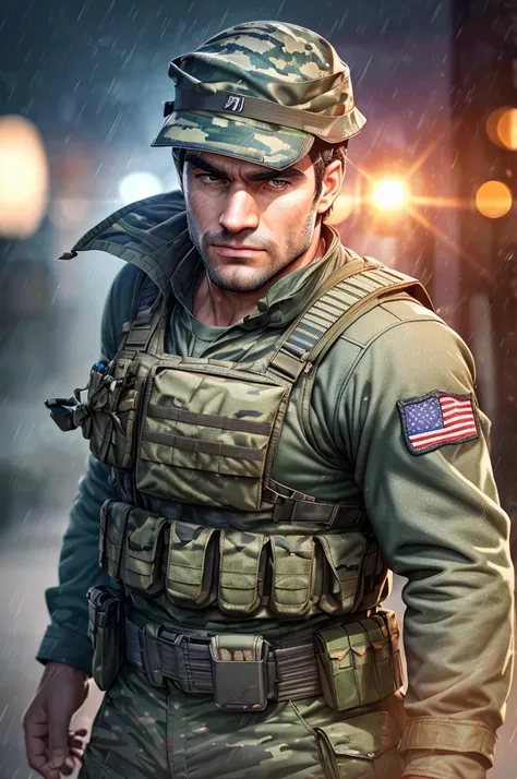 o ator henry cavill, fighting on the war front, rainy day in a multicam military uniform, wearing a plate carrier forhonor ameri...