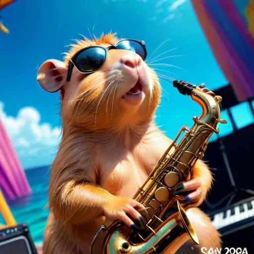 low angle, The photo shows a cute capybara wearing black sunglasses and playing the saxophone on a stage. psychedelic ocean background, the head is raised. The overall impression is humorous and adventurous. The intricate details of the mouses fur, whisker...