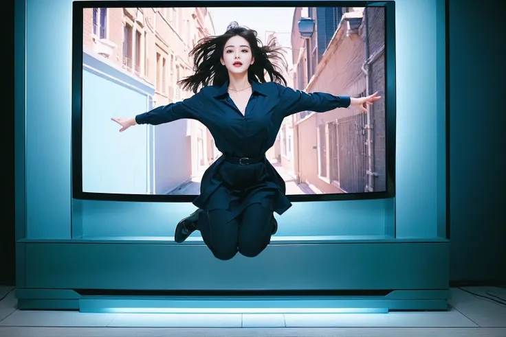 Highest quality　masterpiece　A beautiful woman jumping out of a TV screen　Photo style　Real　Refreshing