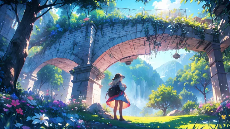 a woman stood from afar on the grass, woman from a distance, clear blue sky and underneath a large valley mountain with flower colorful color blue red green purple yellow and fantasy world medieval mega-building, rocks, tree branches, fallen leaves, birds,...