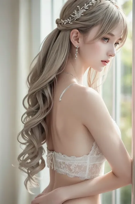 White lace bikini、(((Very elegant and beautiful、Perfect detail、Very detailed)))、whole body、The most detailed girl、Written boundary depth、Beautifully detailed whole body、Thin legs、One girl、30 years old、Very short hair、Spiked Hair、Gray and silver hair、Beauti...