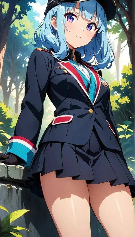 (anime artwork, anime style, studio anime, very detailed, up to date, vibrant, Anime Coloring, high contrast, masterpiece:1.2, best quality, best aesthetics),military girl,military helmet, pleated skirt, Medium chest, A glimpse of thighs, blue twintail hai...