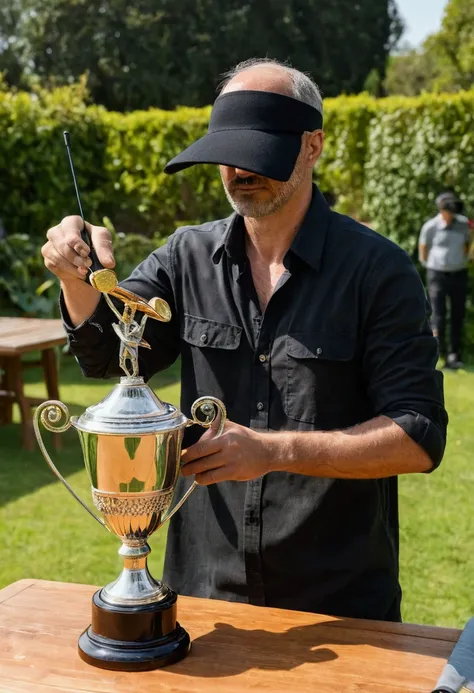 a journalist with a black cloth visor covering only his eyes, journalist with microphone, trophy passes cloth, passing a cloth, a cloth over the trophy, on top of a wooden table and in the background there is a garden, two hands mopping a trophy