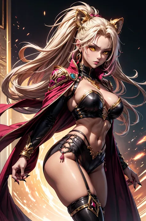 There is lost coliseum there in battle stance stand female lioness , she have ebony colour skin beautiful yellow eyes dark gold eyeshadows make up, ring style earrings, her hair is purple with pink highlights . she dressed in white neather topic with golde...