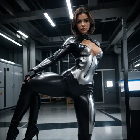 Full-body shot of a highly seductive female cyborg with short, sleek metallic hair resembling steel threads. She has an athletic yet sexy figure, with soft facial features and luminous eyes. Her outfit is a flexible, form-fitting metal suit with built-in L...