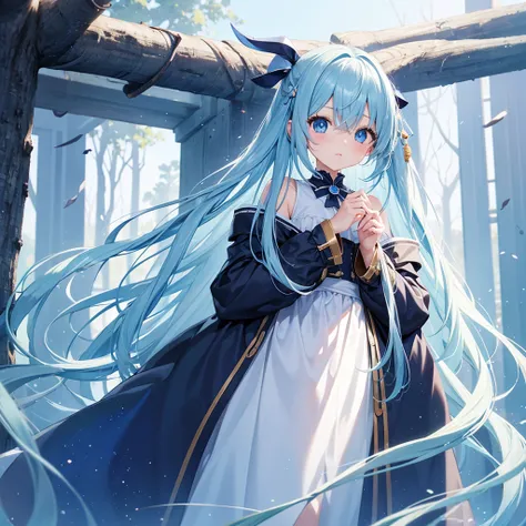 Girl with long light blue hair、Small and cute girl、Holding a large trunk、Deep blue eyes、Staring at me with cold eyes