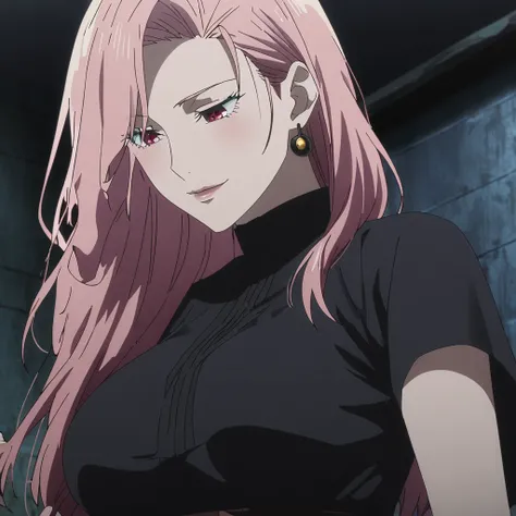 1girl, female gojo satoru, anime screencap from jujutsu kaisen, gojo satoru female version, solo, long_hair, ((Red eyes)) ((Pink_hair, hair over ear from one side))((slicked hair)) , night view, (hanging breasts) upper_body, smile, indoors, lips, (long hai...