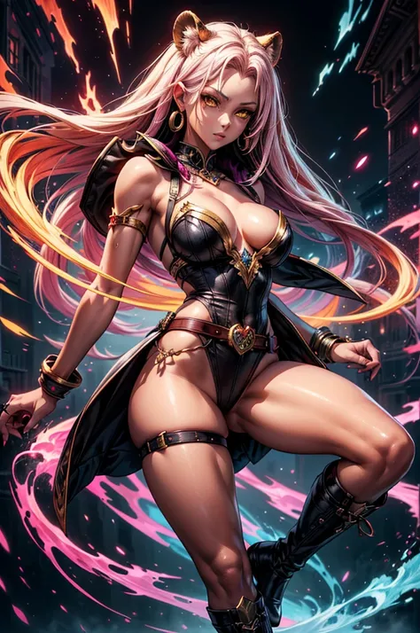 There is lost coliseum there in battle stance stand female lioness , she have ebony colour skin beautiful yellow eyes dark gold eyeshadows make up, ring style earrings, her hair is purple with pink highlights . she dressed in white neather topic with golde...