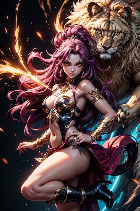 There is lost coliseum there in battle stance stand female lioness , she have ebony colour skin beautiful yellow eyes dark gold eyeshadows make up, ring style earrings, her hair is purple with pink highlights . she dressed in white neather topic with golde...