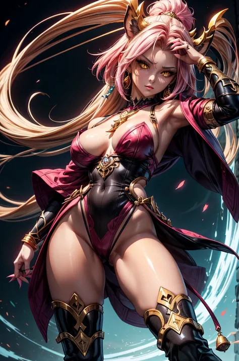 There is lost coliseum there in battle stance stand female lioness , she have ebony colour skin beautiful yellow eyes dark gold eyeshadows make up, ring style earrings, her hair is purple with pink highlights . she dressed in white neather topic with golde...