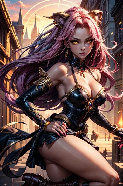 There is lost coliseum there in battle stance stand female lioness , she have ebony colour skin beautiful yellow eyes dark gold eyeshadows make up, ring style earrings, her hair is purple with pink highlights . she dressed in white neather topic with golde...