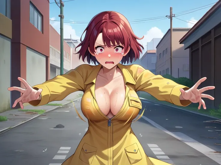 1 girl, adult girl, beautiful eyes, red eyes, Short bob haircut, (red_red hair) , (big breasts), wet, dirty feet, ((blush)), (embarrassed),(Looks),check_9, check_8_up, check_7_up, check_6_up, anime,naked in a raincoat,destroyed street in the background, Wa...