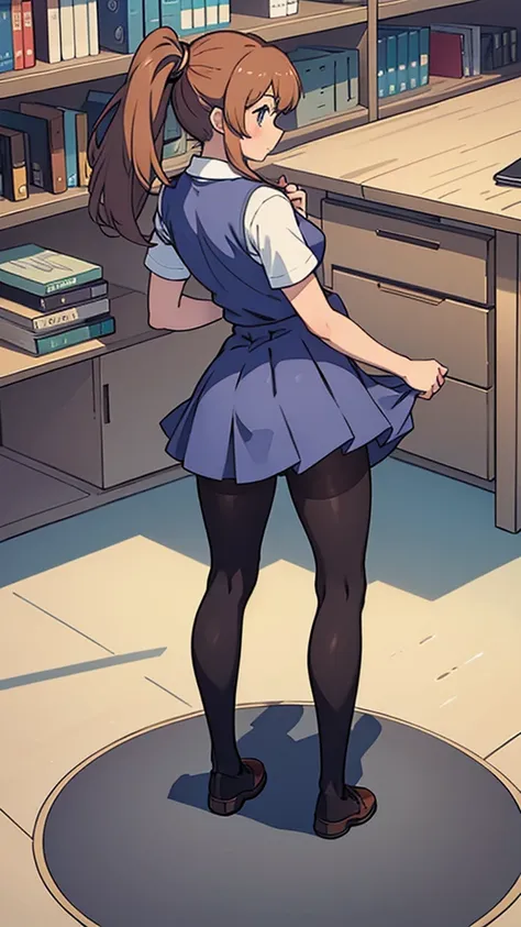 back view,forward bending,picking up things,pantyhose,shirt,high school girl,whole body,library,