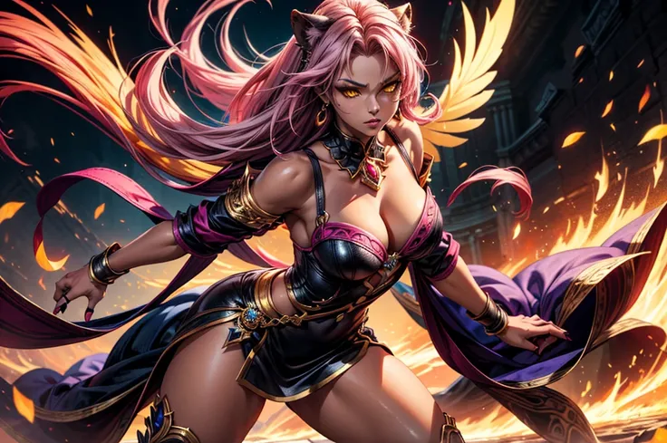 There is lost coliseum there in battle stance stand female lioness , she have ebony colour skin beautiful yellow eyes dark gold eyeshadows make up, ring style earrings, her hair is purple with pink highlights . she dressed in white neather topic with golde...