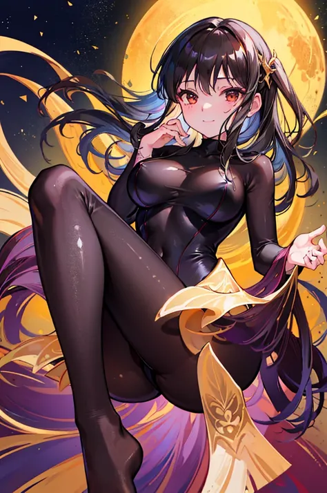 Highest quality　Highest quality　Draw a face carefully　High-definition anime-style face　Super Glowing Skin　Long black hair　Brown leotard　Golden pantyhose　Succubus　lure　smile　Show the soles of your feet　Close up of the soles of the feet