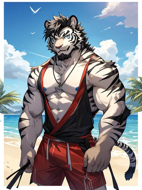 Masterpiece, Solo, Furry Black White Tiger, Blue Eyes, Medium Black Hair, Medium Black Facial Hair, Muscular Body, Cool Pose, Handsome, Good Looking, Adult, Fierce, Smirking mouth open, Summer outfit, summer background.