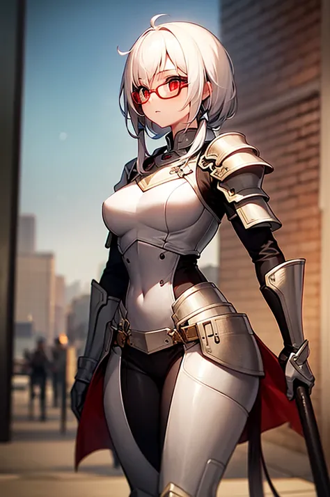 Masterpiece, solo, female, 1girl, 4k, standing, outdoor, white hair, glasses, short, futuristic black soldier armor, cowboy shots, Bokeh,red eyes, female soldier, soldier armor 