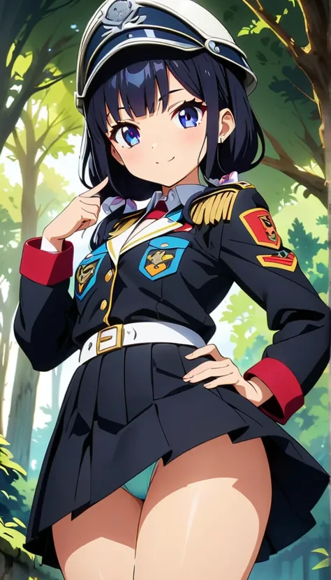 (anime artwork, anime style, studio anime, very detailed, up to date, vibrant, Anime Coloring, high contrast, masterpiece:1.2, best quality, best aesthetics),army girl,military helmet, pleated skirt, Medium chest, A glimpse of thighs, blue twintail hair, O...