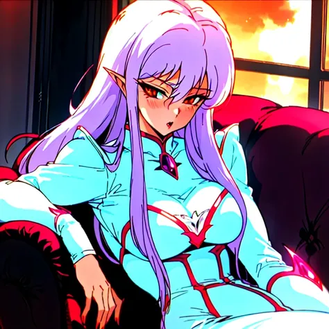 oversized breast, blushing, orange eyes, white hair, front view, , solo woman in lingerie sitting on a couch, beautiful succubus, seductive dark fantasy, beautiful vampire queen,  seductive anime girl, in HNKstyle, 80s anime